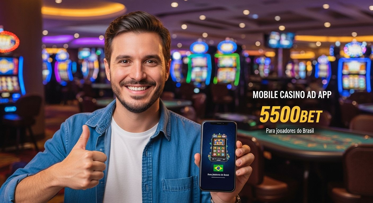 Crie uma imagem sobre o tema: Um crítico confiante dando um joinha para um site de cassino. Cassino móvel e aplicativo 5500bet em português para jogadores do Brasil. Use a bandeira do Brasil.